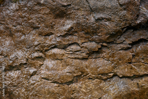 Close view of a rock surface reveals lines and patterns in the stone. Sunlight highlights the textures and colors of the natural material. This setting shows a piece of nature