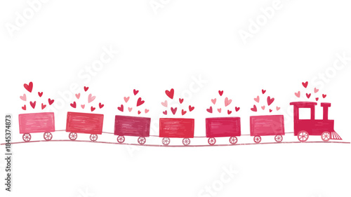 A charming red train with heart shaped smoke cars travels on a track in a minimalist cute illustration style with a white background