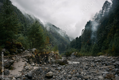 A mountain river valley with a rocky riverbed. Trees line the hills, and mist covers the landscape. The stream flows through the rocks, creating a natural setting