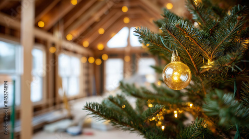 Wallpaper Mural Christmas tree glowing with warm lights in unfinished home renovation defocused construction background festive celebration amid building project holiday spirit during Torontodigital.ca