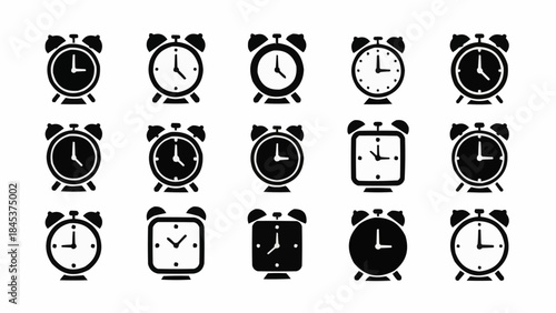 Collection of Various Alarm Clock Icons Representing Time and Wakefulness.