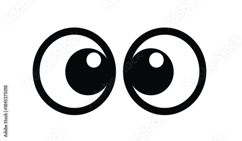 A simple graphic illustration depicts a pair of cartoon eyes featuring black pupils with white highlights surrounded by circular irises high quality professional