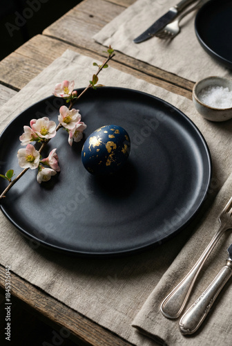 An elegant Easter table setting with a dark, gold-flecked egg and a spring blossom on a matte black plate. A moody, minimalist, and rustic aesthetic.