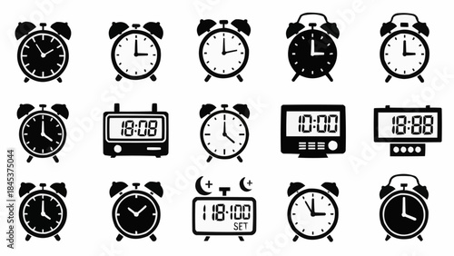 Collection of various alarm clocks and digital time displays.