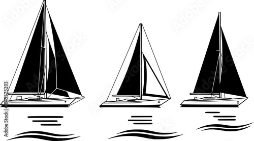 Detailed illustration of three sailboats on a white background, nautical theme
