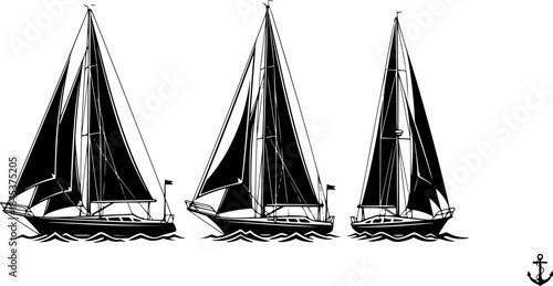 Detailed illustration of three sailboats on a white background, nautical theme
