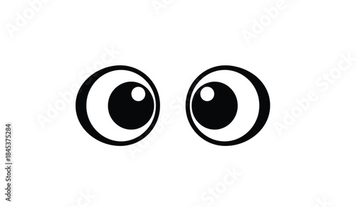 a simple illustration depicts two cartoon eyes each featuring a large black pupil surrounded by a white highlight and a thick black outline on