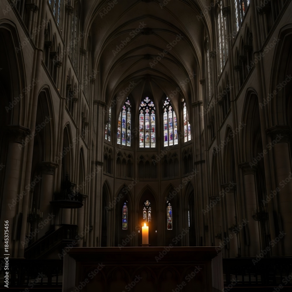 Fototapeta premium Dimly Lit Gothic Cathedral Interior with Single Candle on Altar and Stained Glass Windows