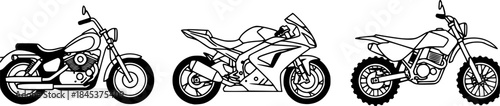 Line art illustration of three different motorcycles on a white background

