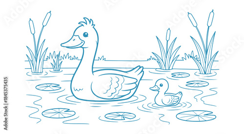 Charming goose figure, gliding duck, sketch art, manually illustrated for a coloring book or page. Pond or bog
