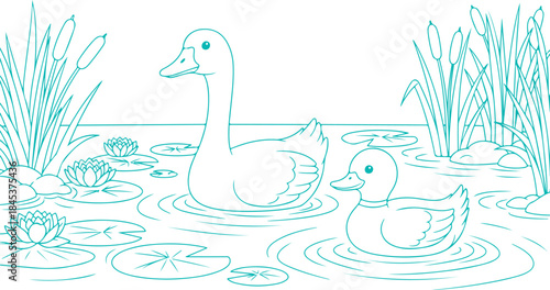 Sweet goose design, floating duck, line art, hand-drawn picture for a coloring book or page. Marsh or pond
