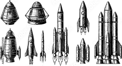 Fototapeta Naklejka Na Ścianę i Meble -  Vintage Rocket Ship Illustrations in Engraved Style on White Background
