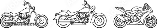 Line art illustration of three different motorcycles on a white background
