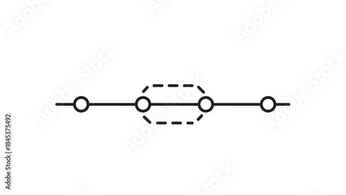 Minimalist black and white underground metro line schematic with stations and circular icons