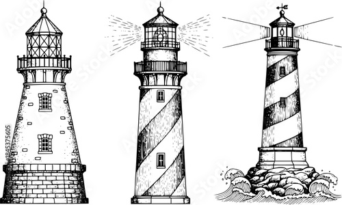 Detailed pen and ink illustration of three classic lighthouses on white background.
