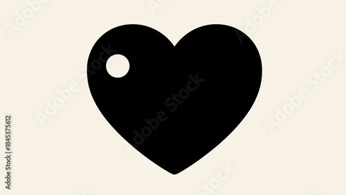 Minimalist black heart tag symbol with a circular hole on a light beige background