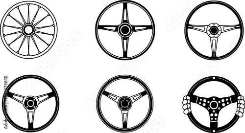 Vintage steering wheels illustration in black and white on a white background
