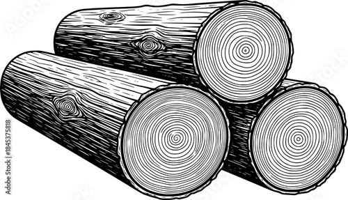 Detailed illustration of three wood logs with visible grain and rings
