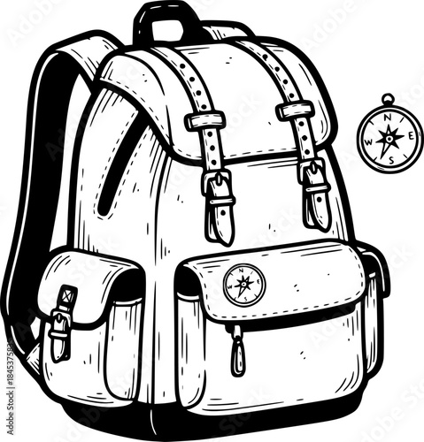 Hand-drawn backpacks illustration in black and white, perfect for travel and adventure
