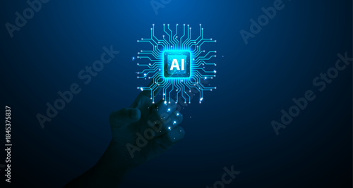 Artificial Intelligence Technology Concept with Digital AI Chip and Human Hand for machine learning, digital innovation, automation, data processing, and the future of advanced computing.