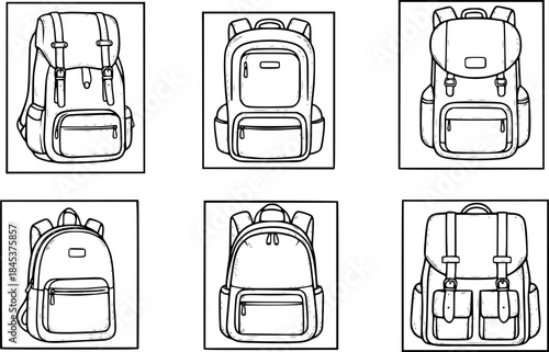Hand-drawn backpacks illustration in black and white, perfect for travel and adventure
