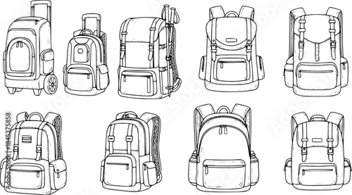 Hand-drawn backpacks illustration in black and white, perfect for travel and adventure
