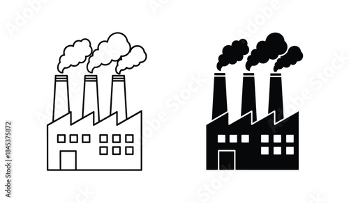 The image depicts two contrasting factory outlines one in simple line art and the other solid black both emitting smoke from chimneys