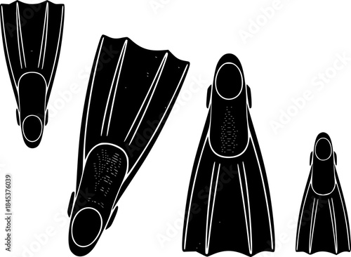 Engraved illustration of three different sized swim fins on white background
