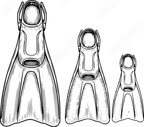 Engraved illustration of three different sized swim fins on white background
