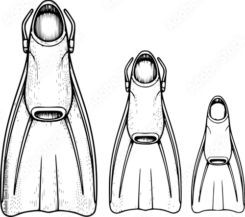 Engraved illustration of three different sized swim fins on white background
