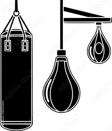 Boxing equipment illustration: heavy bag, teardrop bag, and speed bag.
