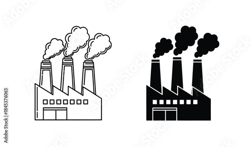 A contrasting visual depiction showcases industrial factories emitting smoke one in outline and the other filled representing pollution and industrial activity high quality