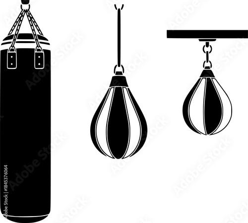 Boxing equipment illustration: heavy bag, teardrop bag, and speed bag.
