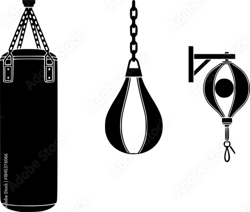 Boxing equipment illustration: heavy bag, teardrop bag, and speed bag.
