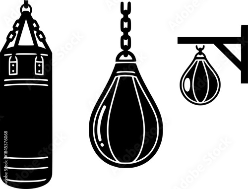 Boxing equipment illustration: heavy bag, teardrop bag, and speed bag.
