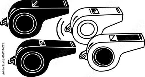 Three Whistles in Black and White, Isolated on a White Background
