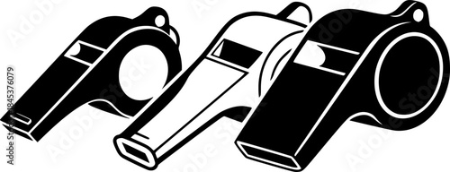 Three Whistles in Black and White, Isolated on a White Background
