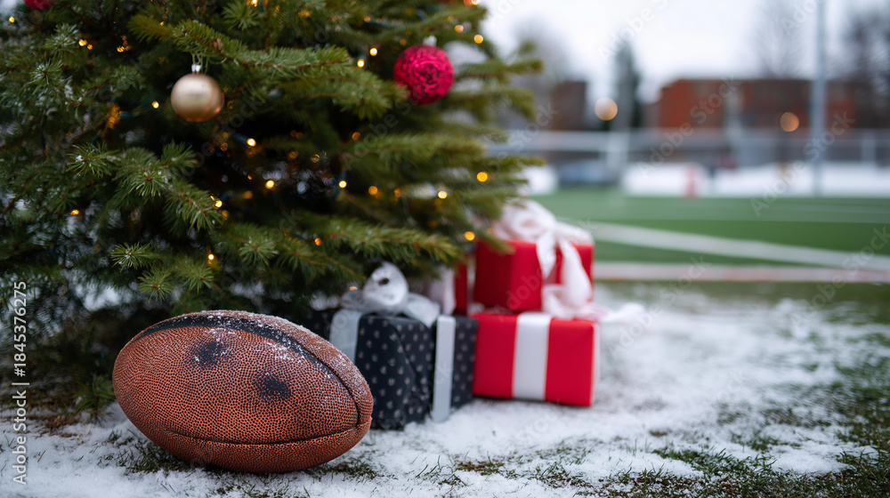 Fototapeta premium Christmas tree closeup with gifts on snowy rugby court defocused winter sports background rugby ball lying in snow concept of resting sport during holiday season festive