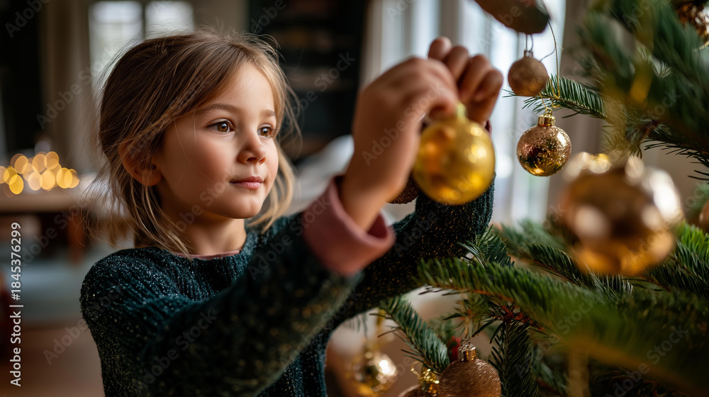 Naklejka premium Faceless young girl hanging golden ornaments on decorated Christmas tree heavily defocused festive background anonymous child participating in holiday tradition seasonal tree