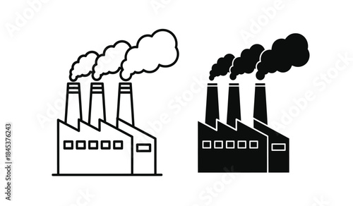A black and white depiction showcases two factory complexes each with multiple smokestacks emitting plumes of smoke symbolizing industrial pollution high quality professional