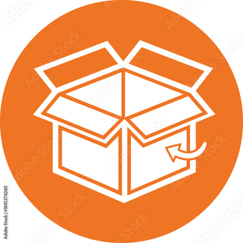 Open orange circle with white outline of an open cardboard box and arrow