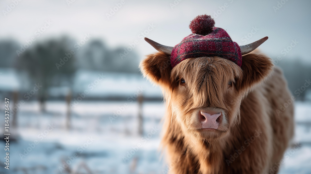 Obraz premium Highland cow wearing festive hat with sparkling glitter dust heavily defocused winter landscape background animal Christmas styling seasonal farm celebration yuletide