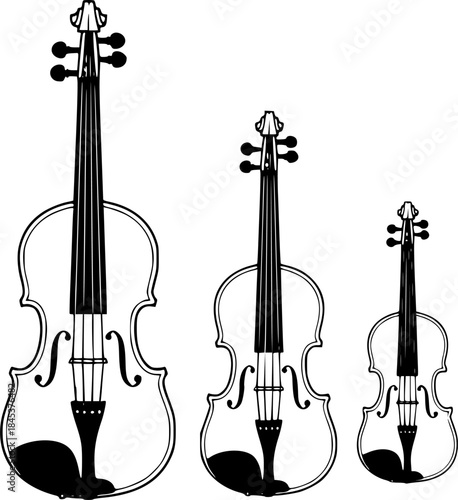 Vintage illustration of three violins in different sizes on a white background
