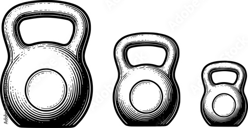 Engraved illustration of three kettlebells in different sizes on white background
