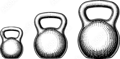 Engraved illustration of three kettlebells in different sizes on white background
