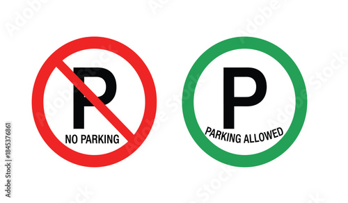 A visual comparison of parking regulations is demonstrated by two circular signs one prohibiting parking the other permitting it high quality professional detailed
