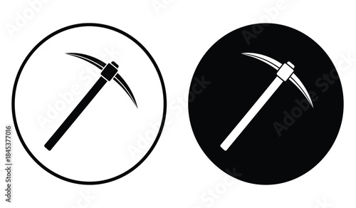 a minimalistic depiction showcases two distinct pickaxe icons one within a circular frame and the other as a solid black silhouette high quality