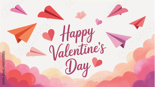 A flat illustration of several paper planes and hearts in pink, red, and orange hues on a white background with a cloudy border, conveying