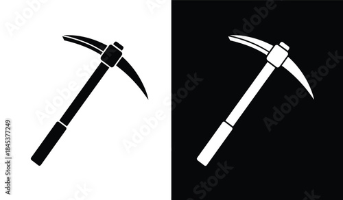 A striking visual contrast showcases a black pickaxe against a white background mirrored by its white counterpart on black high quality professional detailed