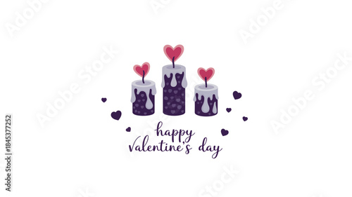Flat illustration of three purple candles with heart shaped toppers on white background for valentine's day